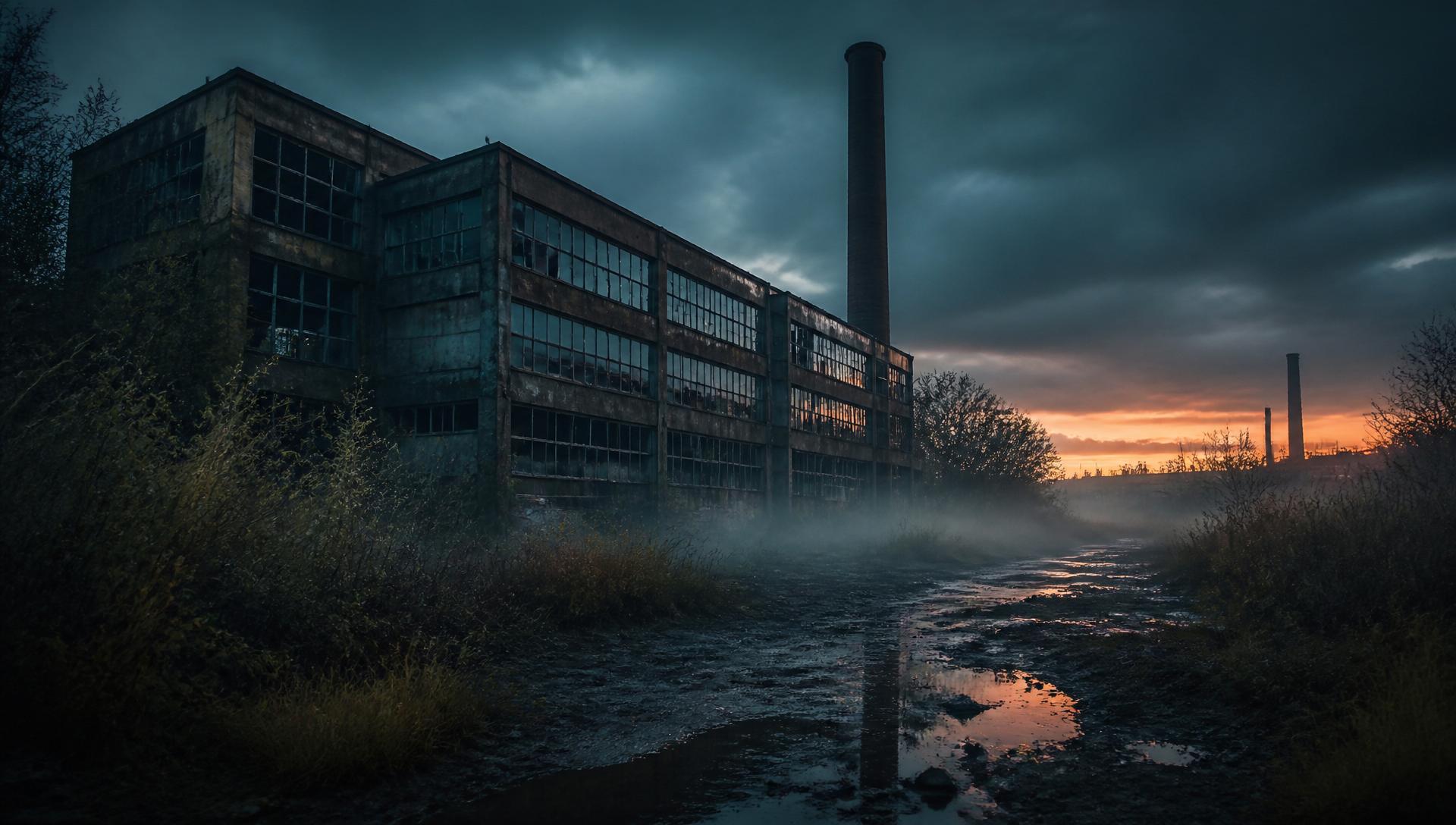 Övergiven industribyggnad i Sverige i skymningen